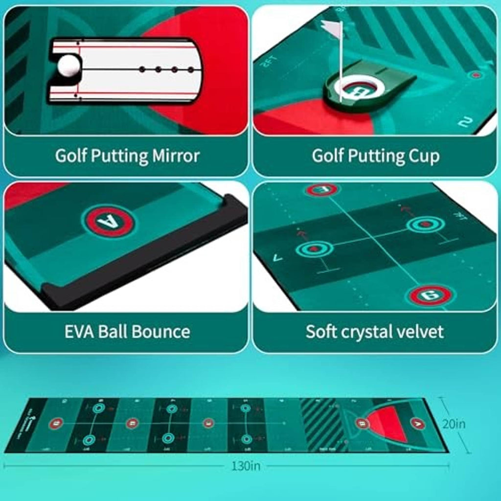 Green putting mat with feature panels: mirror, cup, EVA bounce, soft velvet