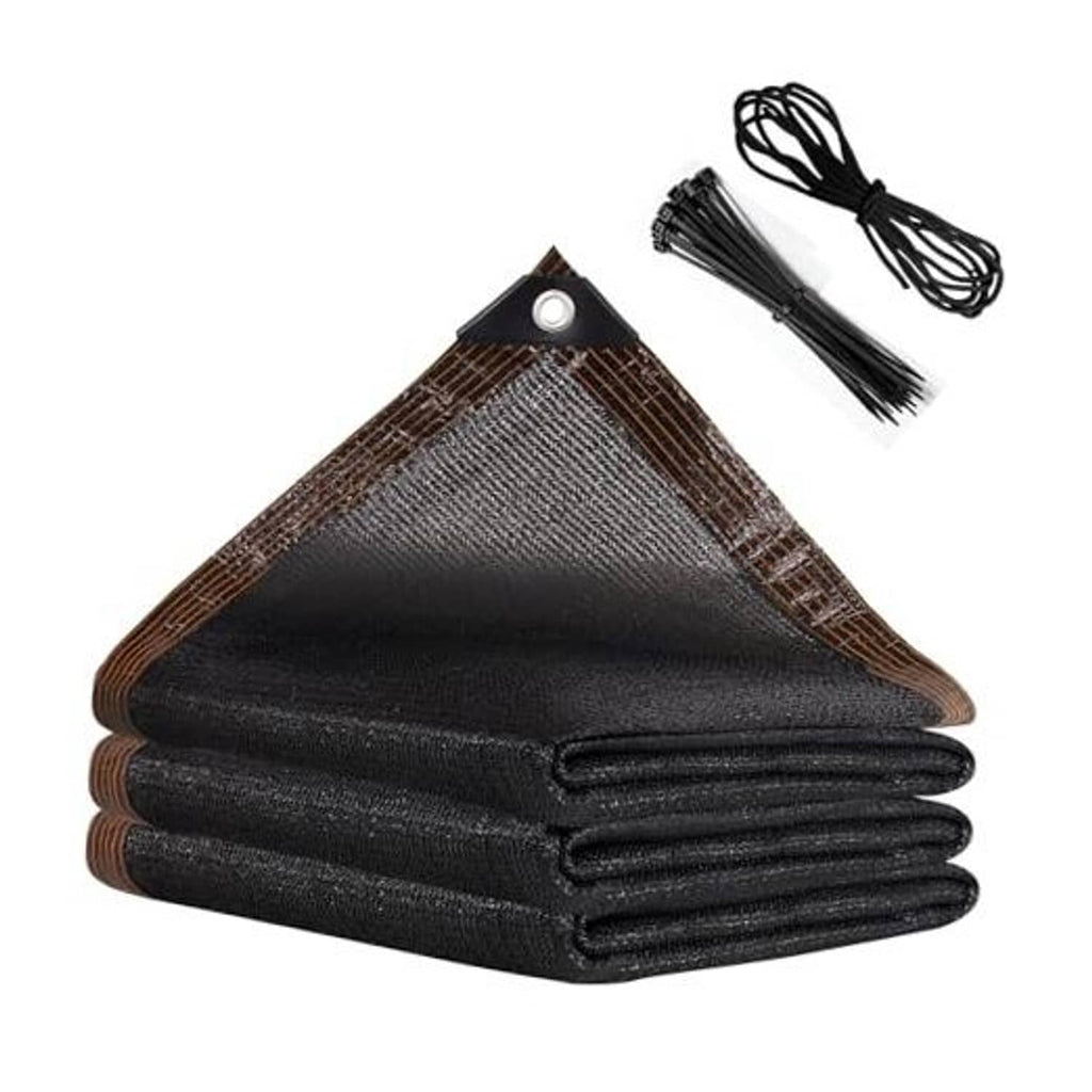 Black shade net roll with copper-brown edge grommets and fastening cord