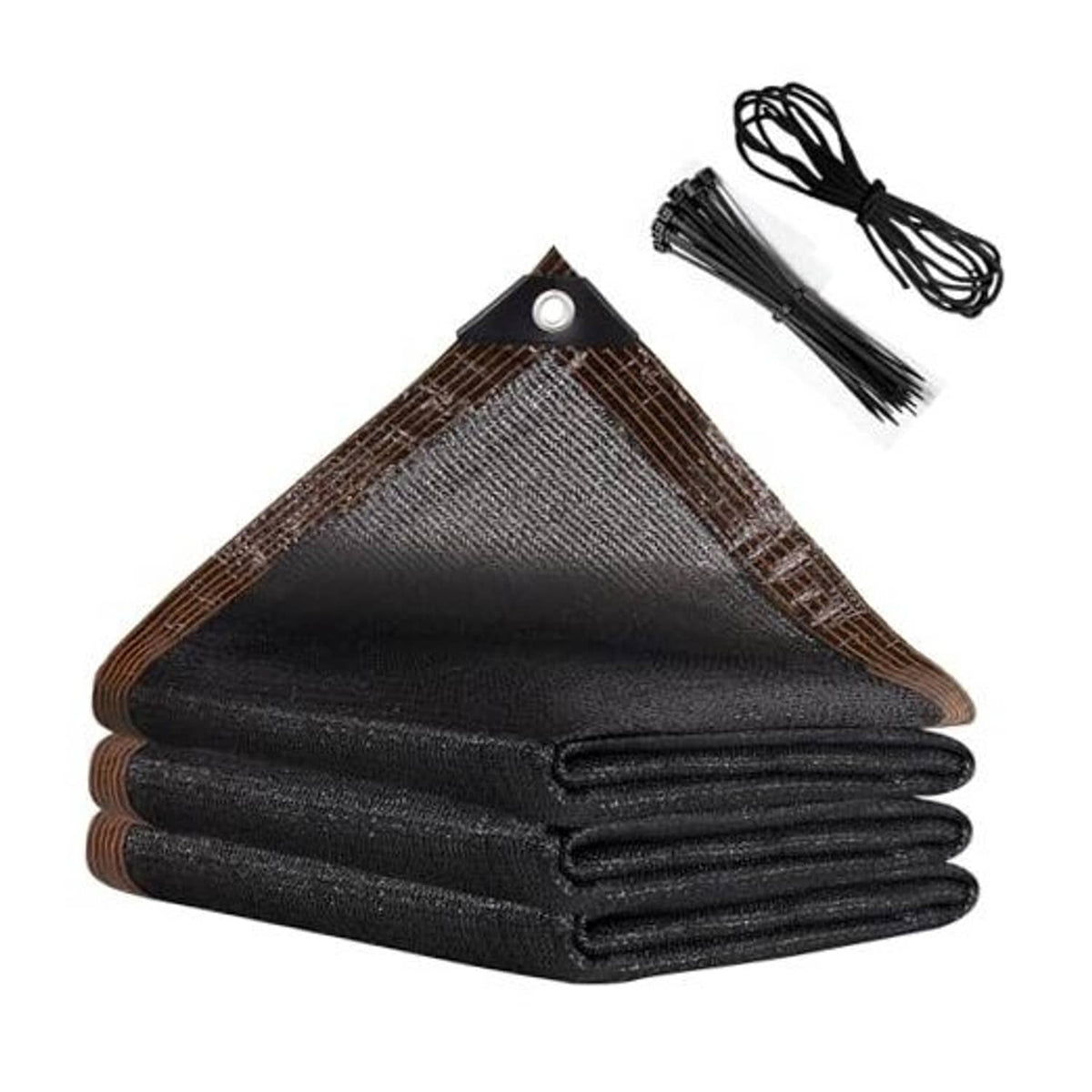 Black shade net roll with copper-brown edge grommets and fastening cord