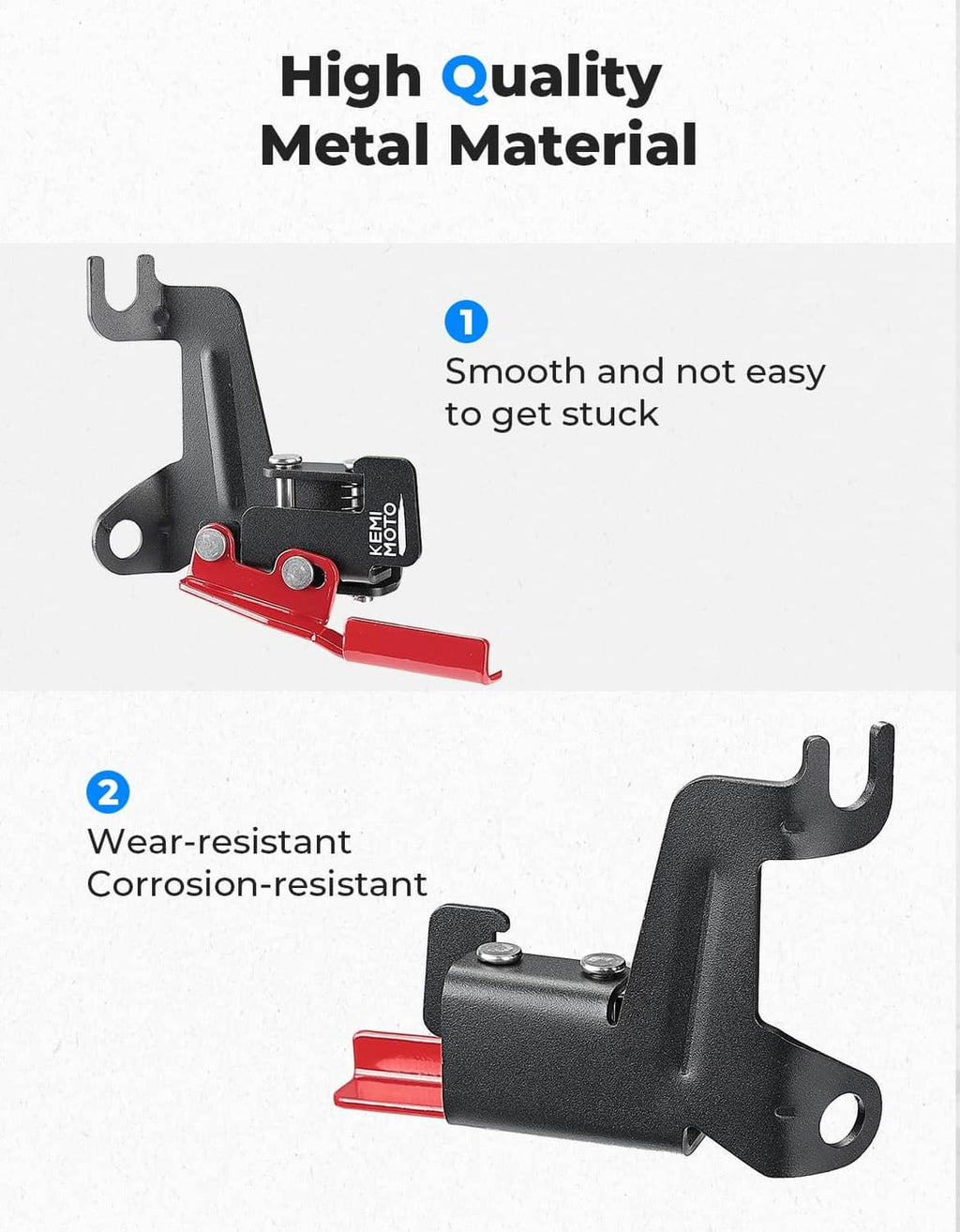 Wear-resistant metal parking brake lever and bracket, black and red.