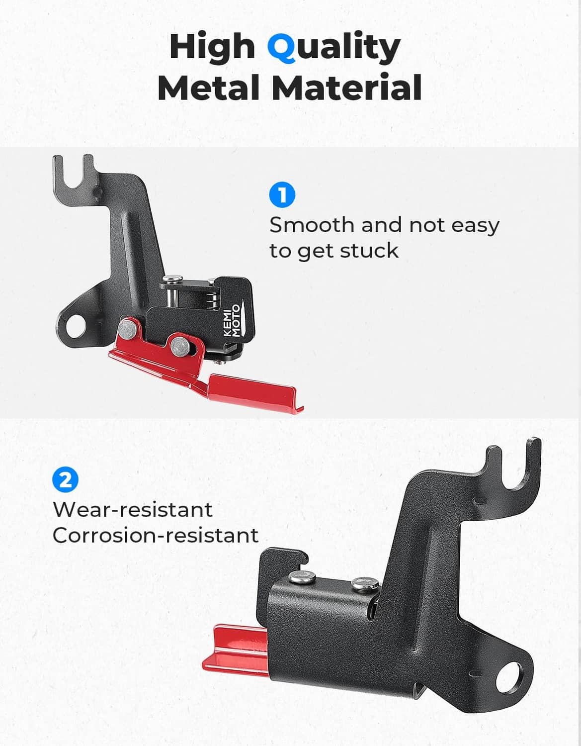 Wear-resistant metal parking brake lever and bracket, black and red.