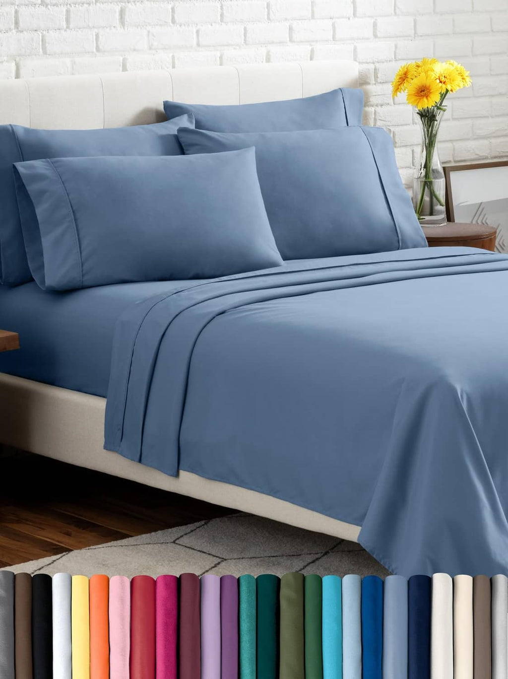 Blue microfiber sheet set on bed with matching pillowcases