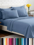 Blue microfiber sheet set on bed with matching pillowcases