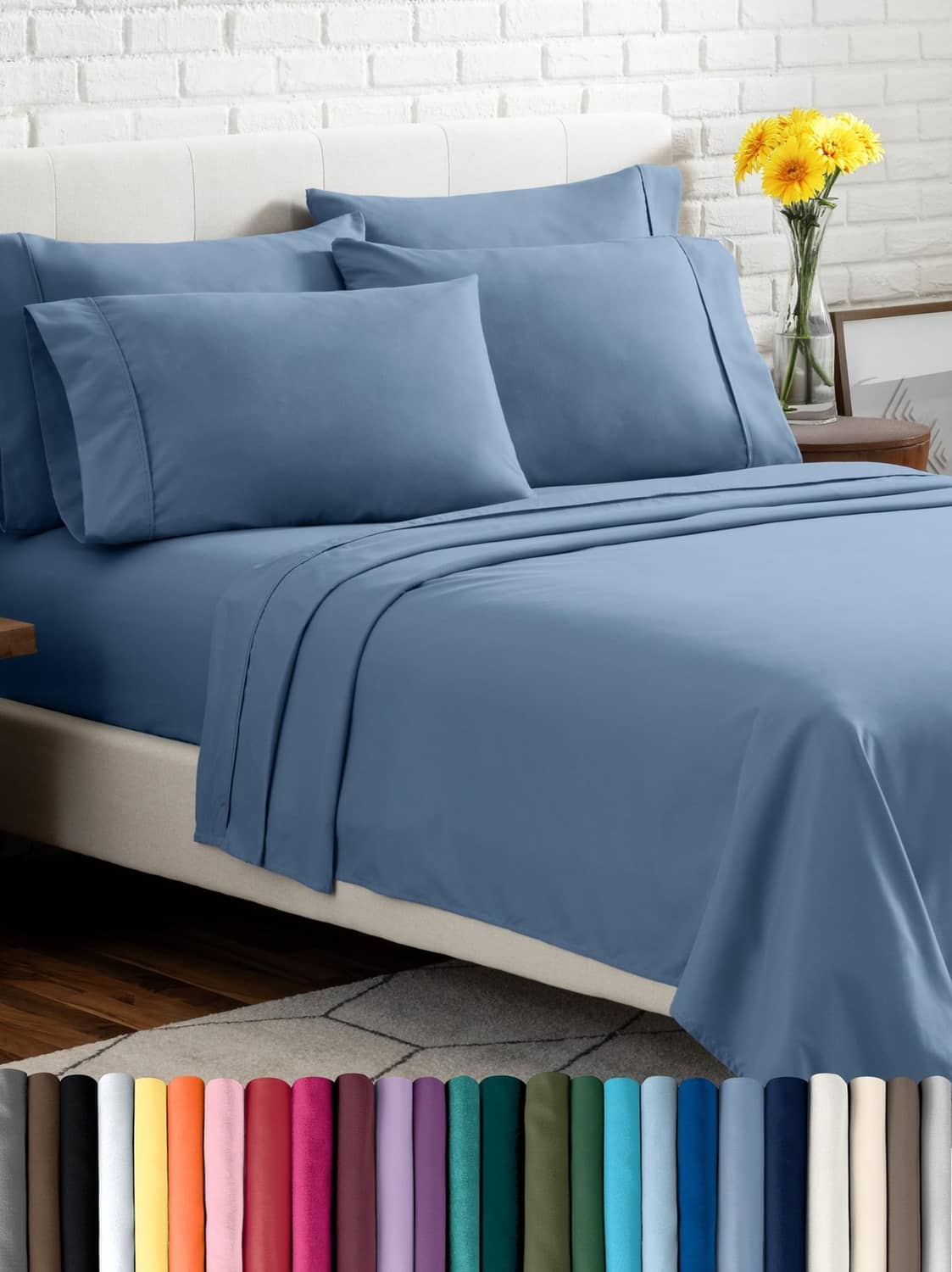Blue microfiber sheet set on bed with matching pillowcases