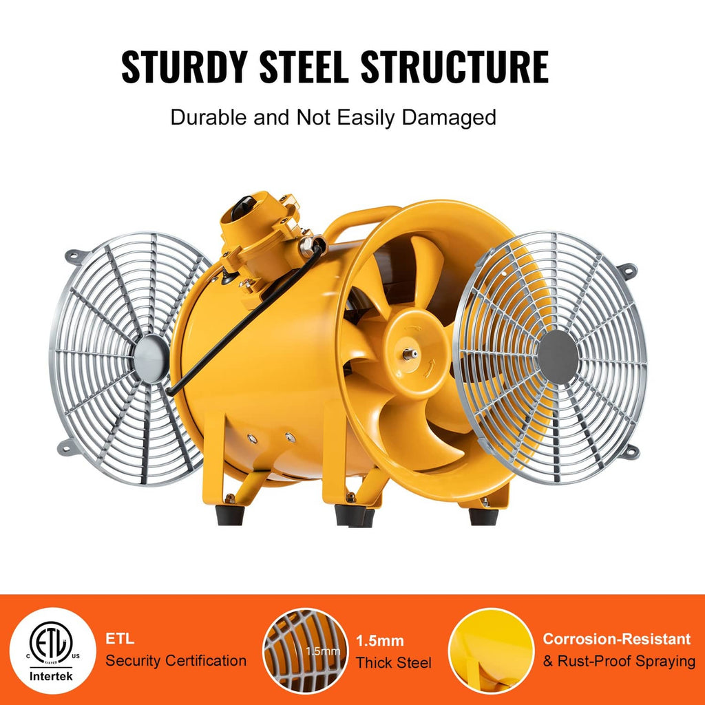 Yellow portable extractor fan blower with side frame and two wire grille guards