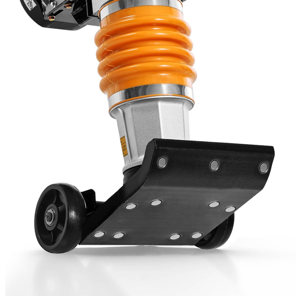 Jumping jack tamper compactor base plate with orange shock housing and caster wheels
