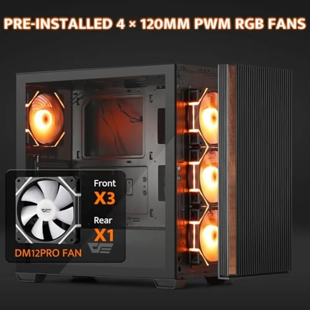 ATX PC case open view showing front and rear fan positions
