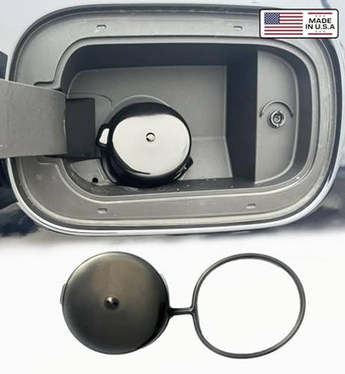 Capless gas cover with tethered dark cap and circular sealing ring
