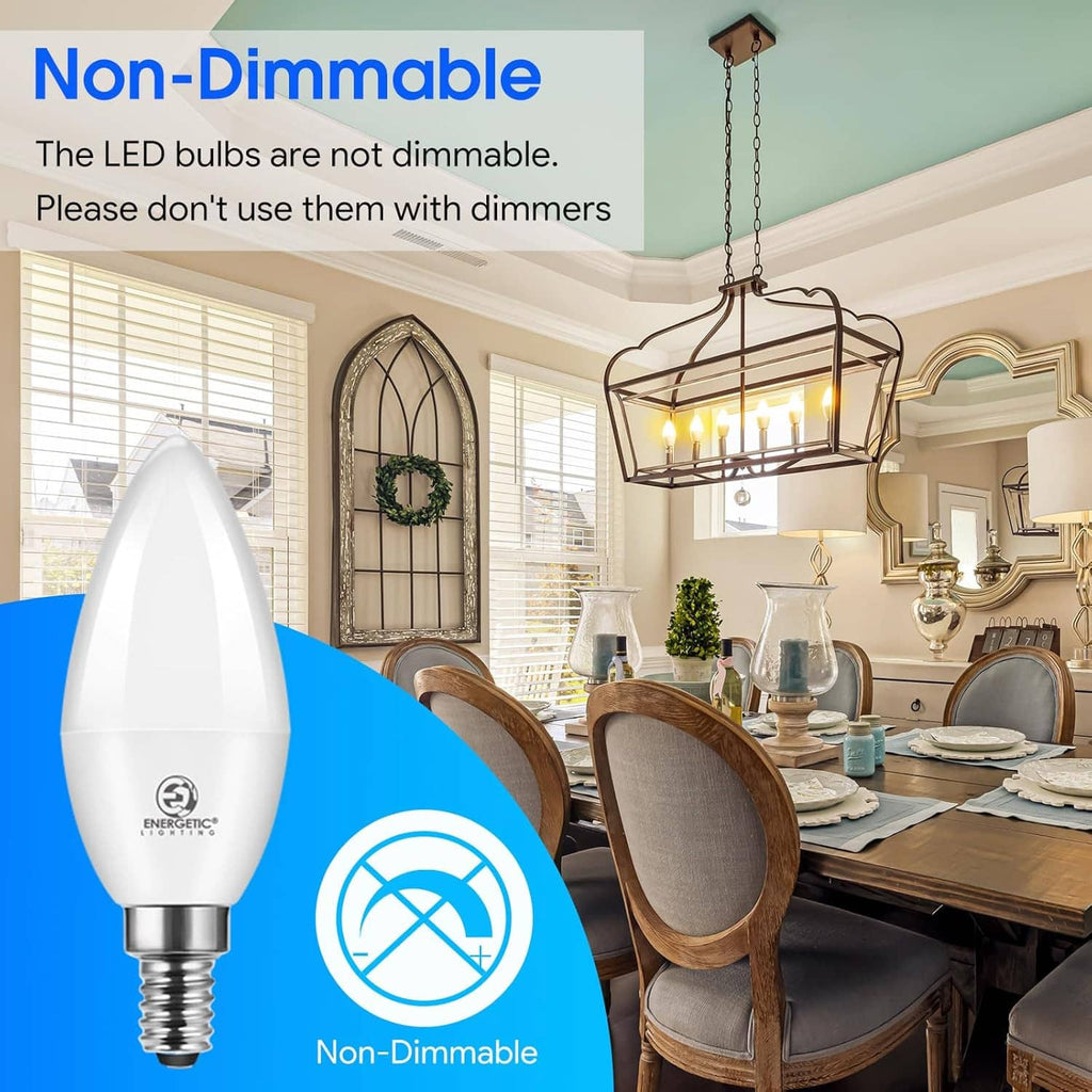 Non-dimmable LED candelabra bulb with frosted flame top and E12 screw base