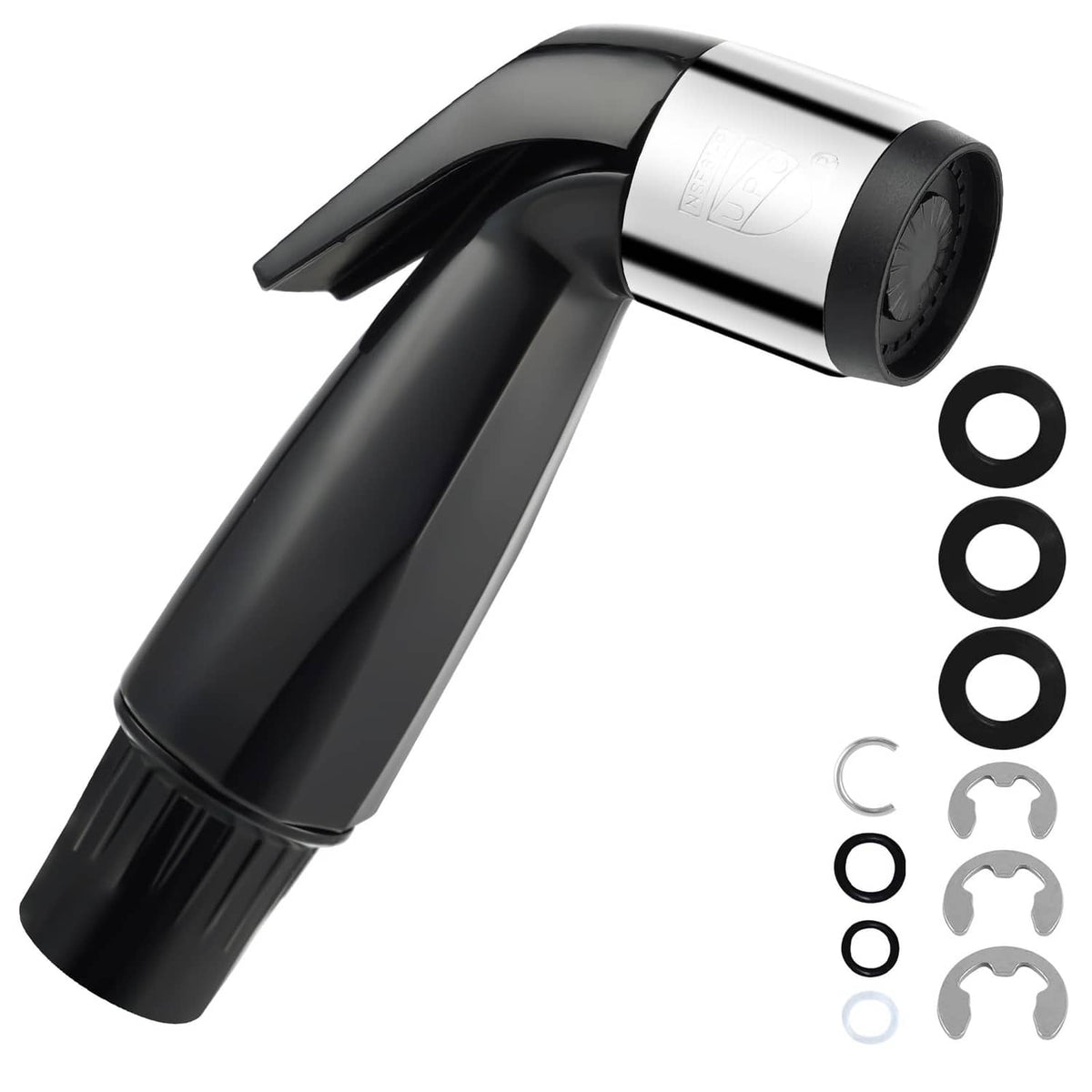 Matte black kitchen faucet sprayer attachment with swivel head and nozzle