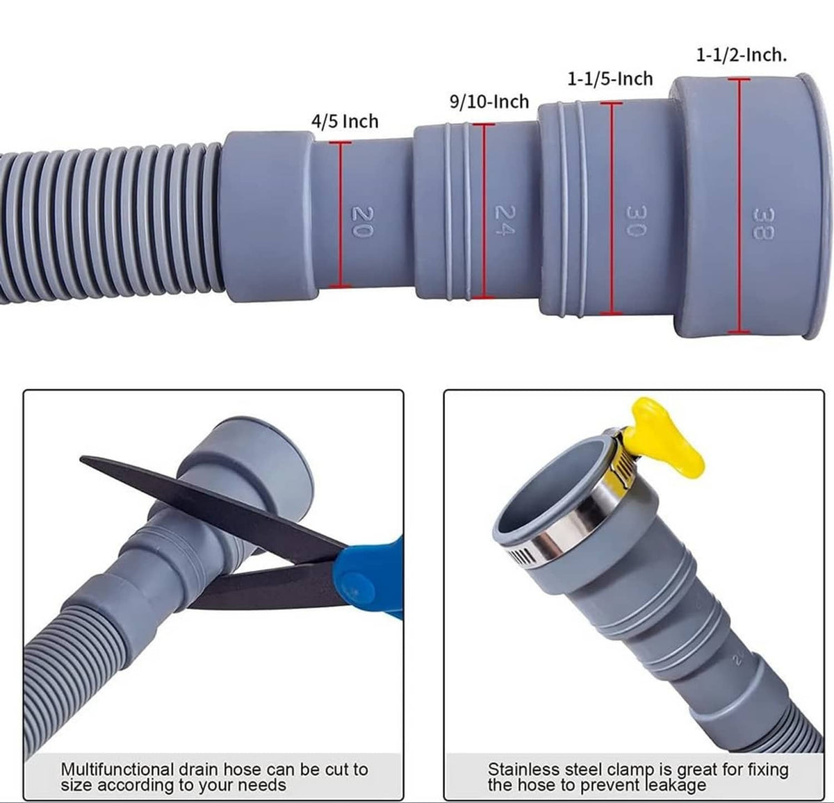 Gray corrugated drain hose with size markers and included end couplings and clamps