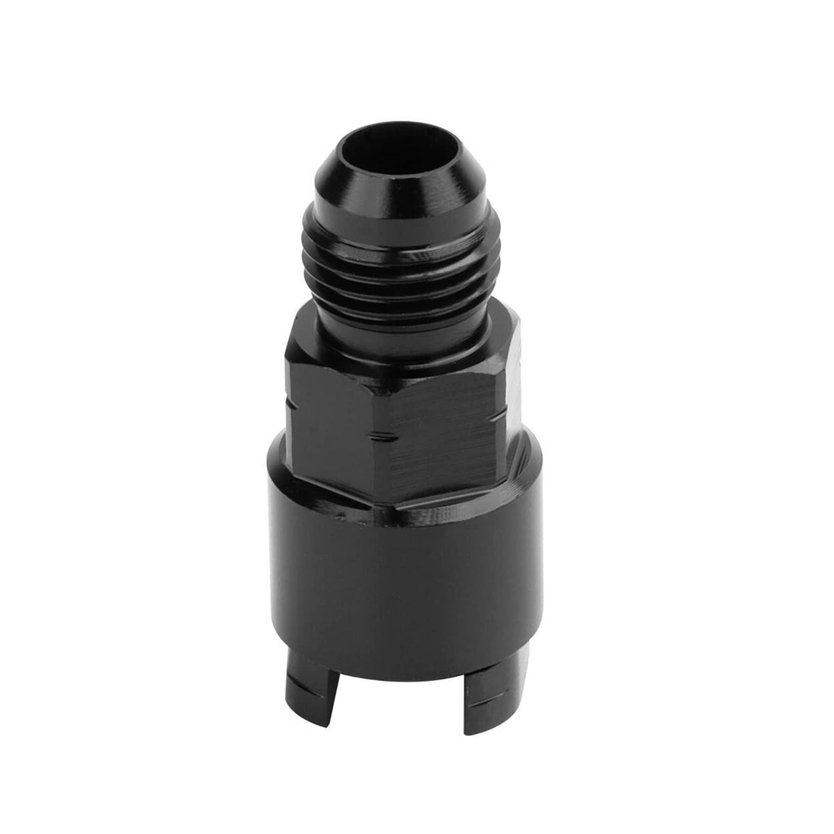 Black AN 8 fuel adapter fitting with hex nut base and threaded quick-connect outlet