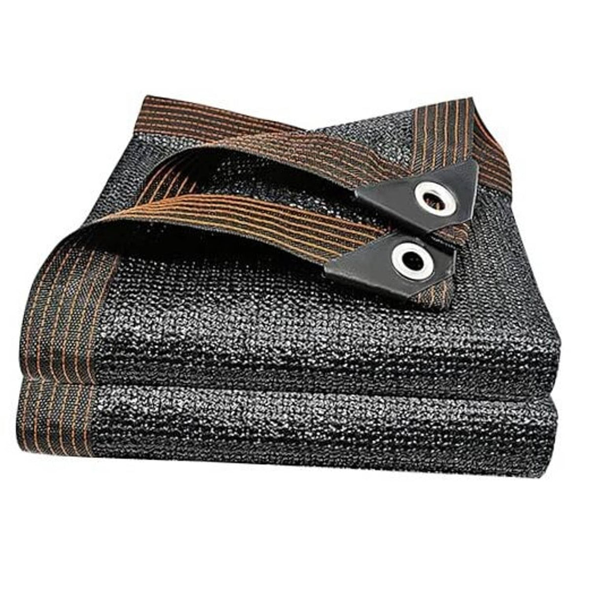Folded dark shade cloth with bronze stripes and two metal grommets
