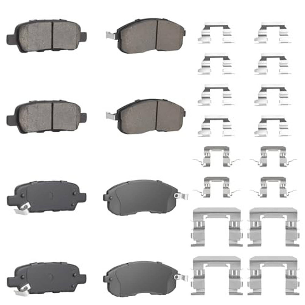 Brake pads set showing multiple front and rear pads with matching metal clips