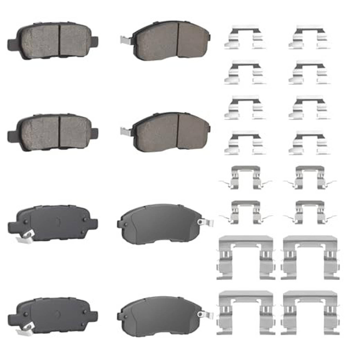 Brake pads set showing multiple front and rear pads with matching metal clips