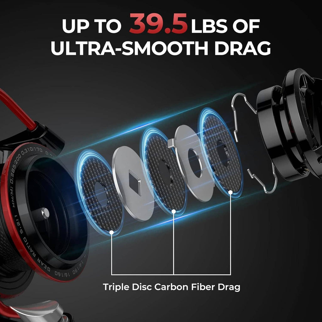 Close-up of carbon drag disc stack inside a spinning reel, black with red trim