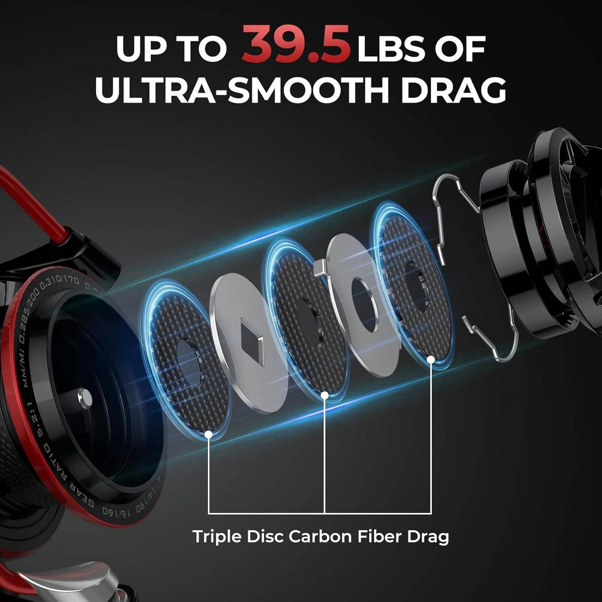 Close-up of carbon drag disc stack inside a spinning reel, black with red trim