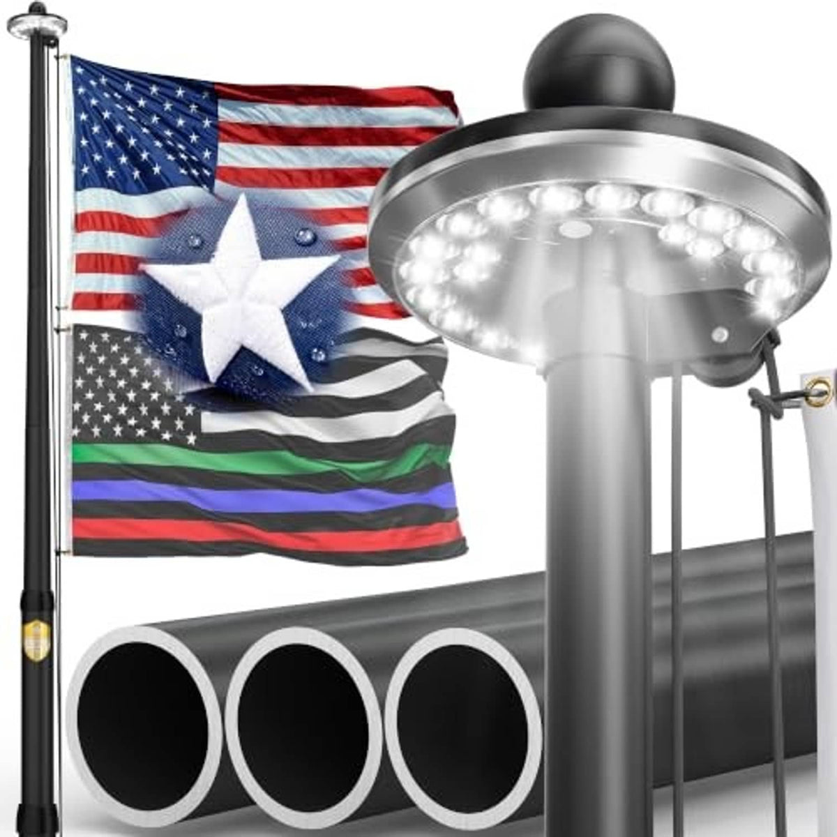 Black flag pole with bright solar light dome and patriotic flag
