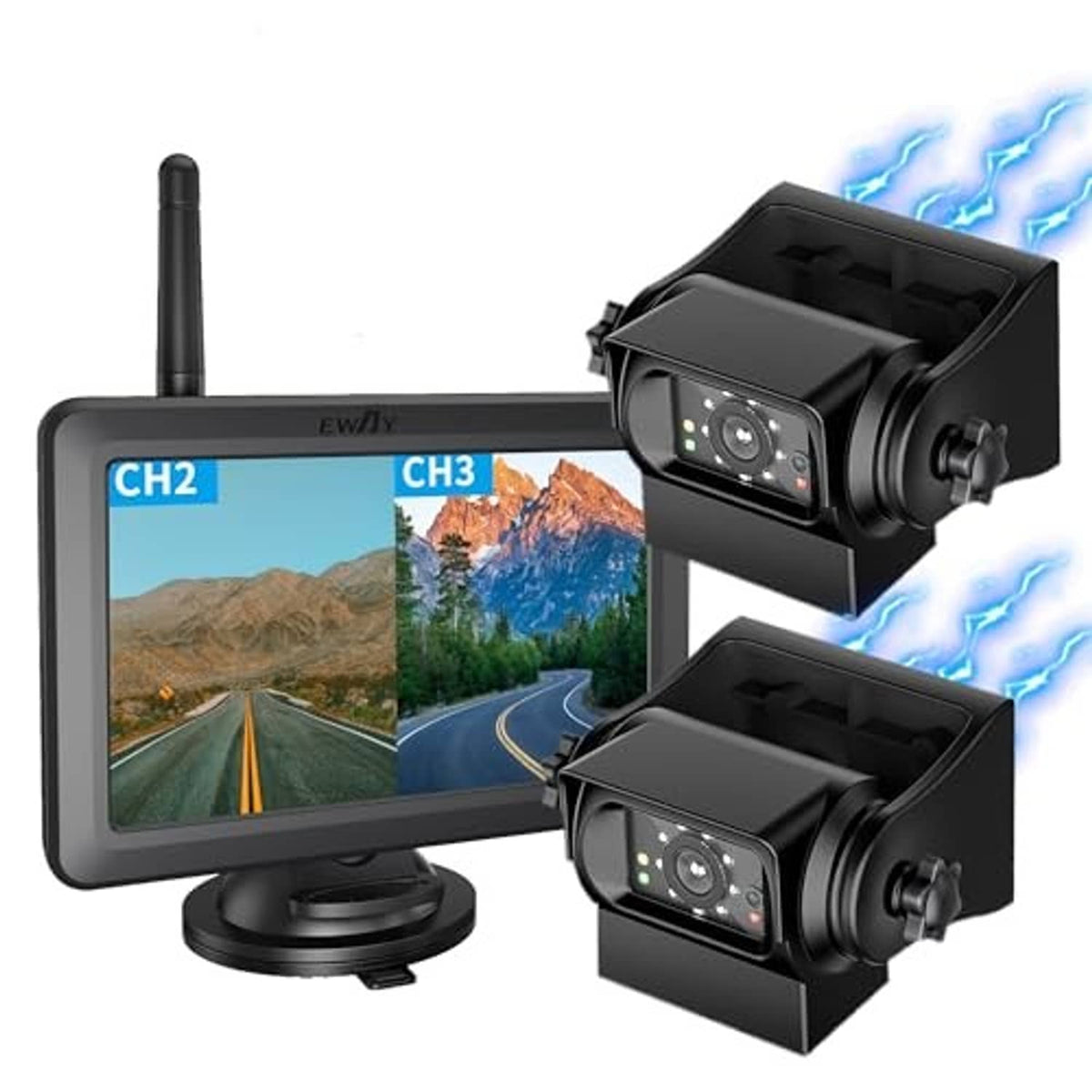 Wireless backup camera system with 5-inch monitor and two black side-mounted cameras