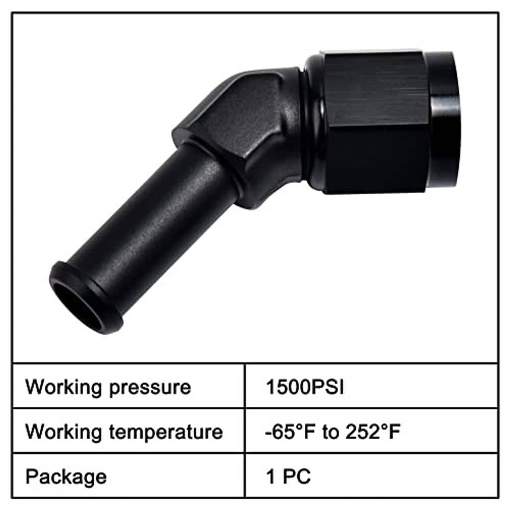 Black 45-degree swivel AN-to-barb fitting with straight stem and barbed hose connection.