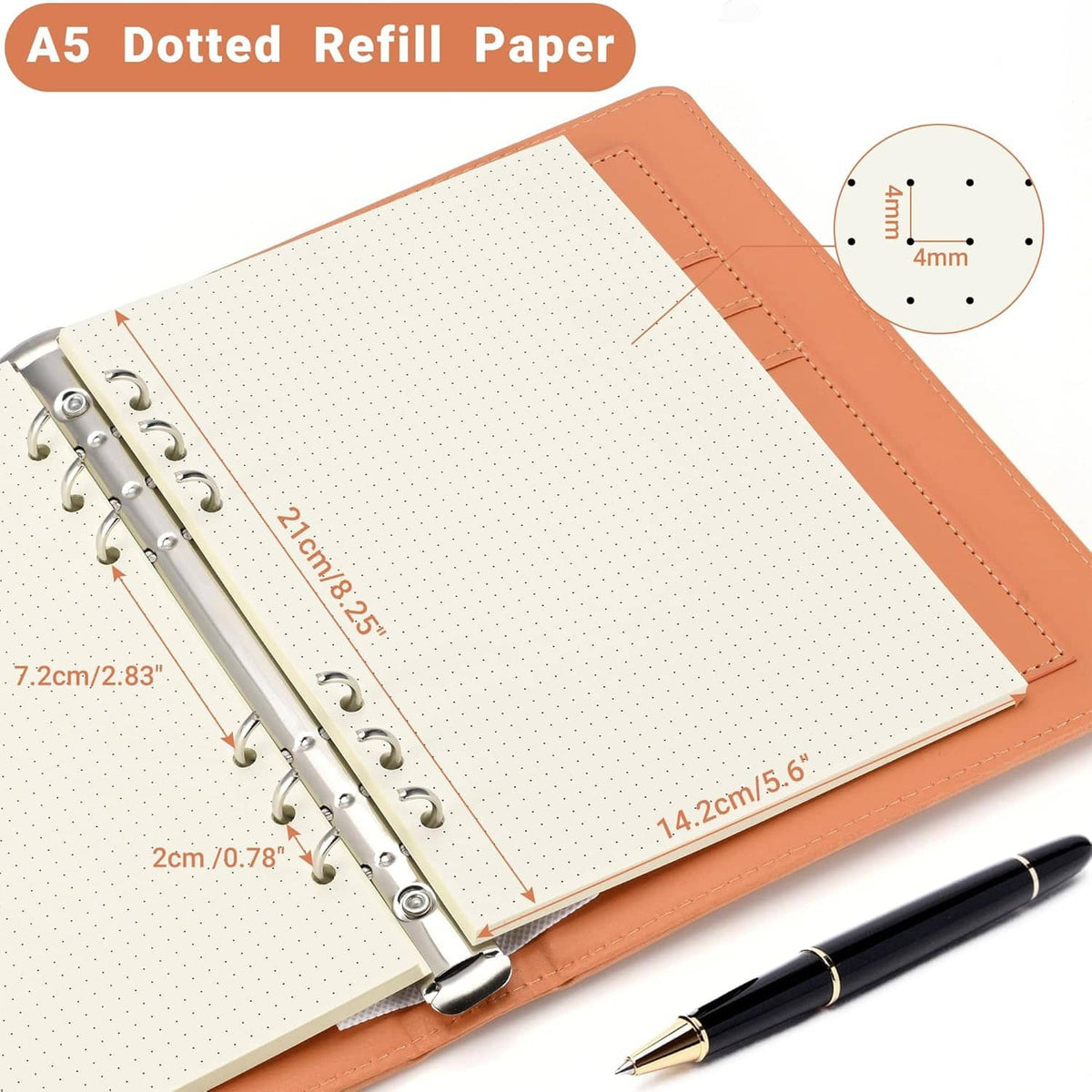 A5 dotted refill paper with 6-hole punch, white dot grid sheets in orange backing