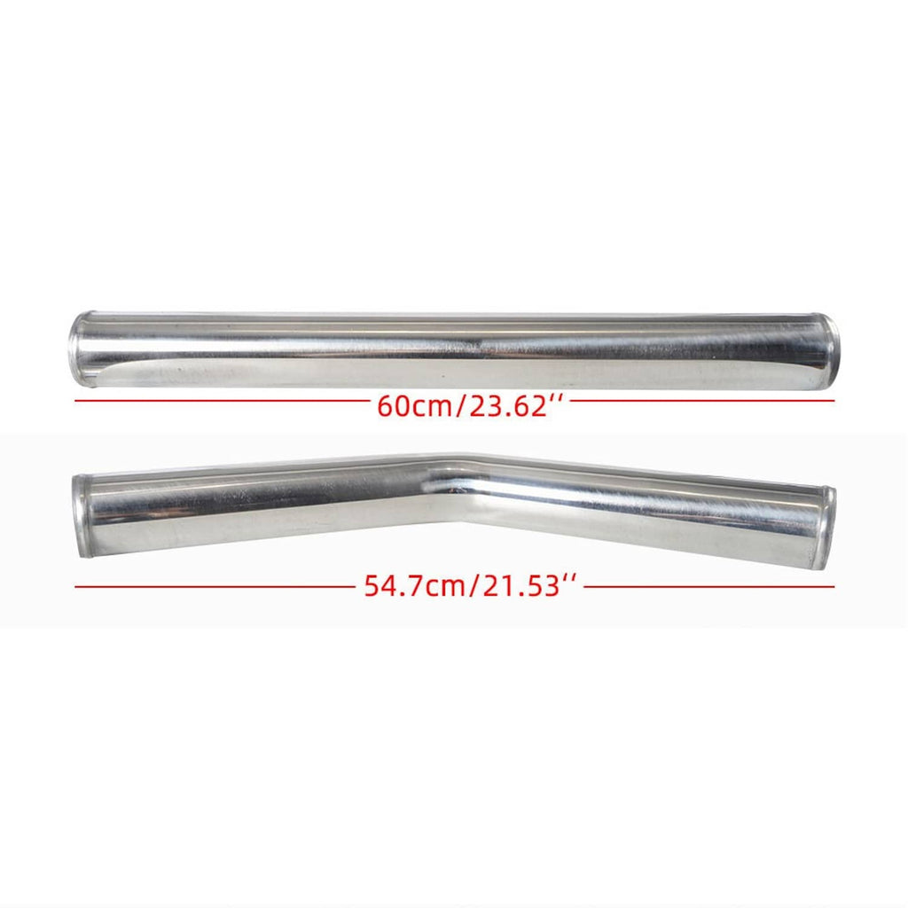 Silver aluminum intercooler elbow pipes with length measurements on straight sections