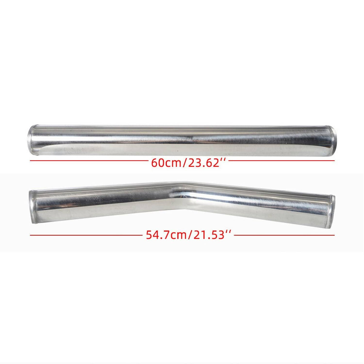 Silver aluminum intercooler elbow pipes with length measurements on straight sections