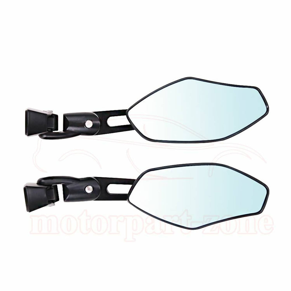 Two black rearview mirrors with blue-tinted lenses and extended mounting arms