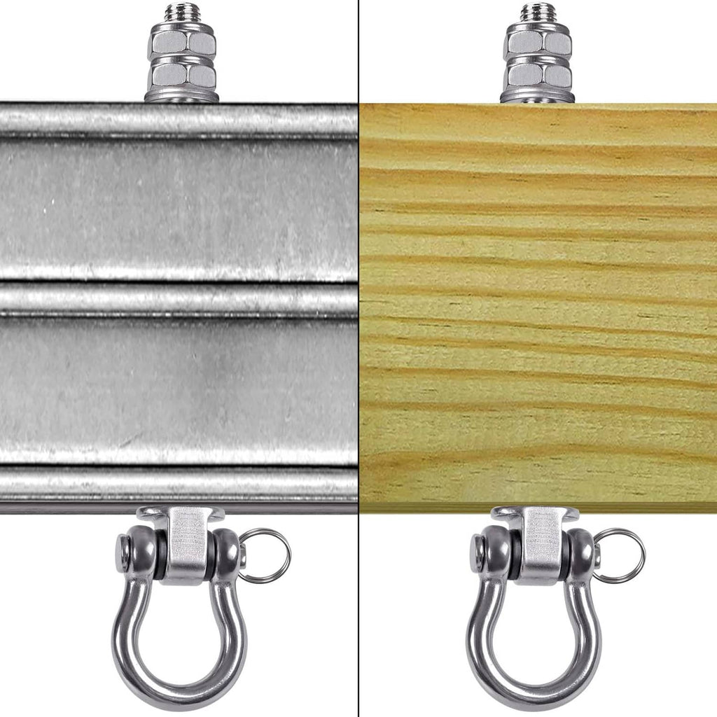 Stainless steel swing hanger mounted on metal and wood surfaces side-by-side