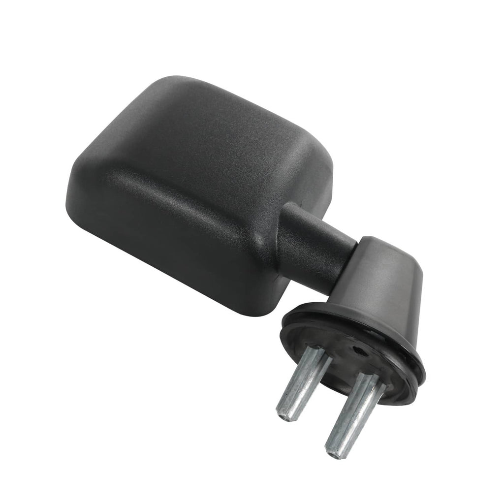 Black manual side mirror with mounting pins and round base plate