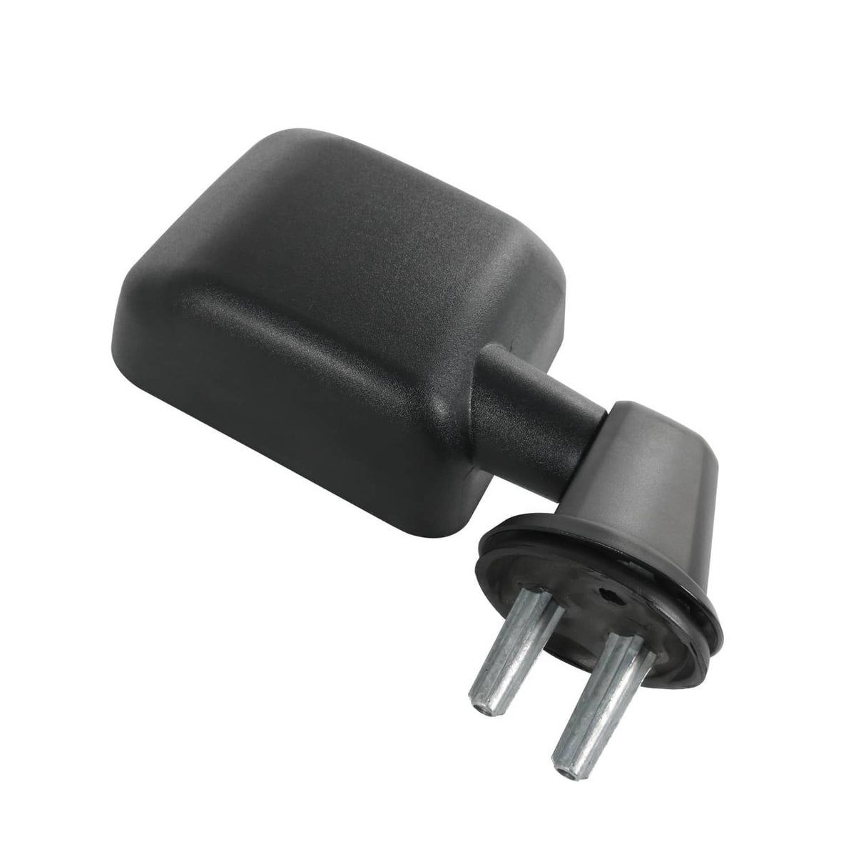 Black manual side mirror with mounting pins and round base plate