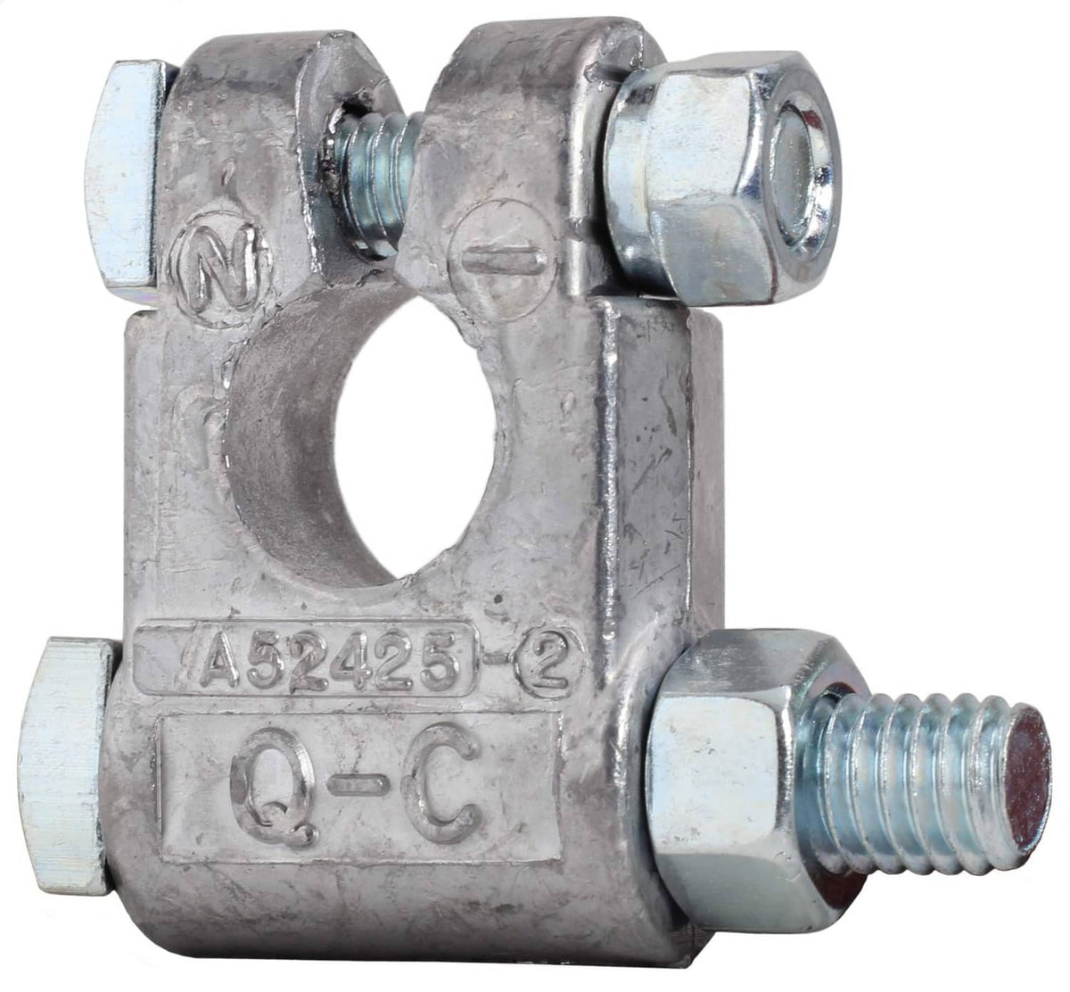 Metal top-post battery terminal clamp with stamped markings and threaded stud