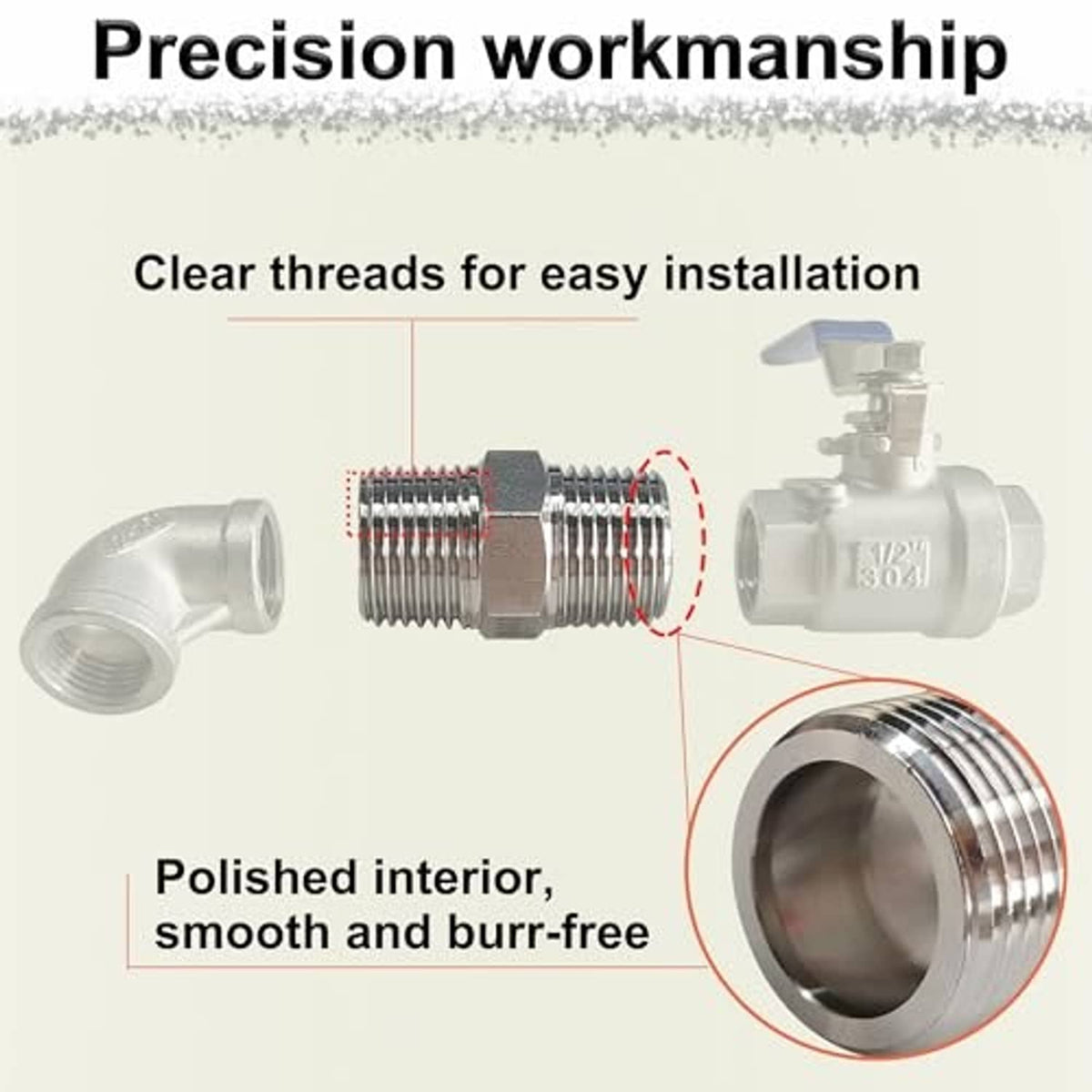 304 stainless steel 1/2 in NPT male hex nipple fitting with polished interior, silver