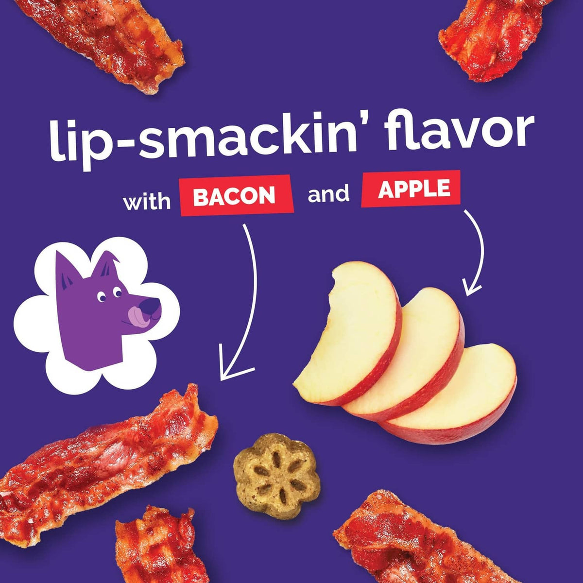Fruitables Skinny minis Bacon and Apple flavor graphic with apple slices and treats