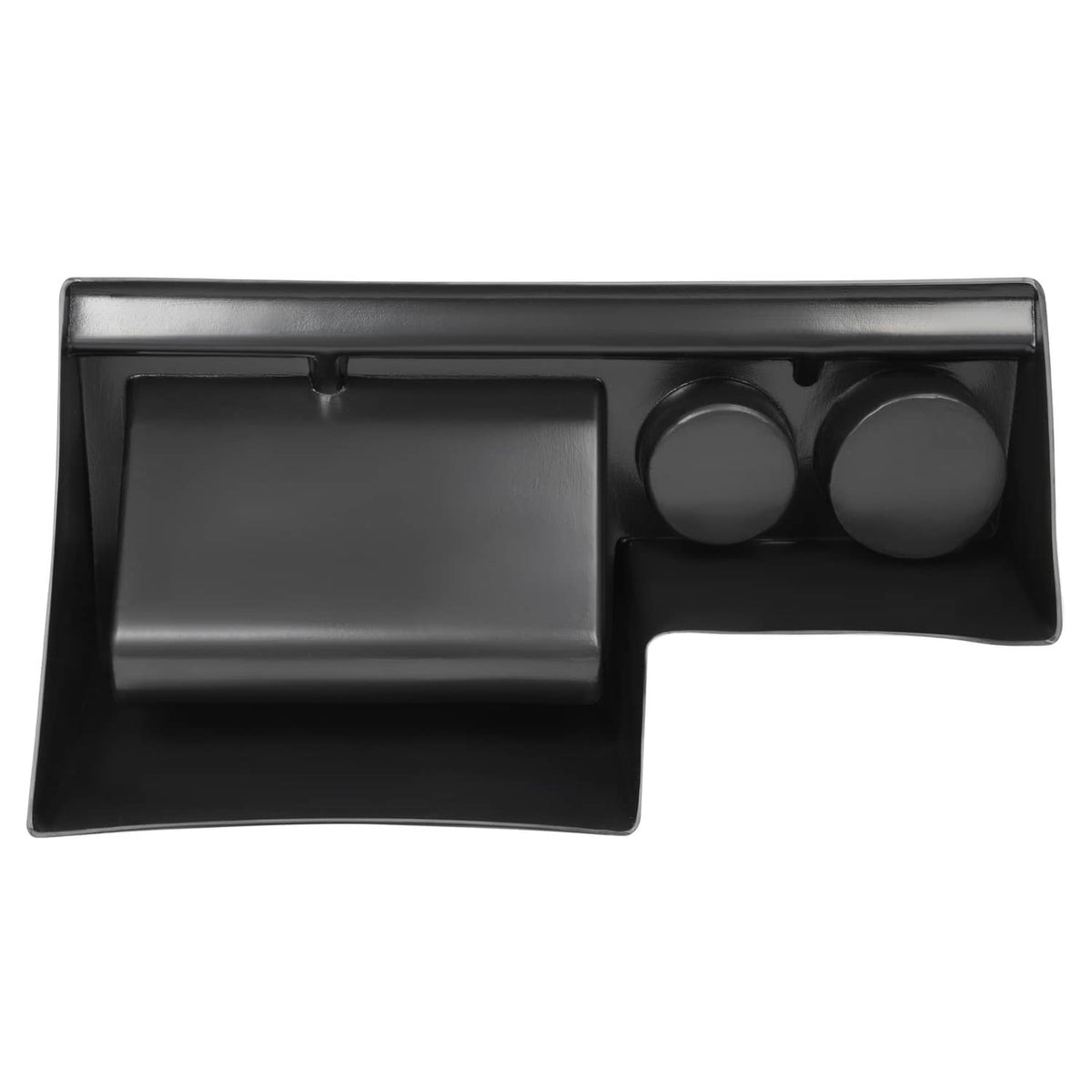 Black interior caddie insert with open tray and two integrated drink cup openings