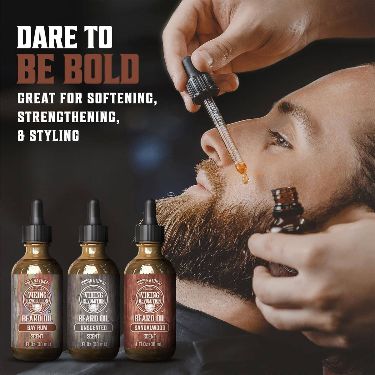Three beard oil bottles with droppers and amber liquid, side-by-side product view