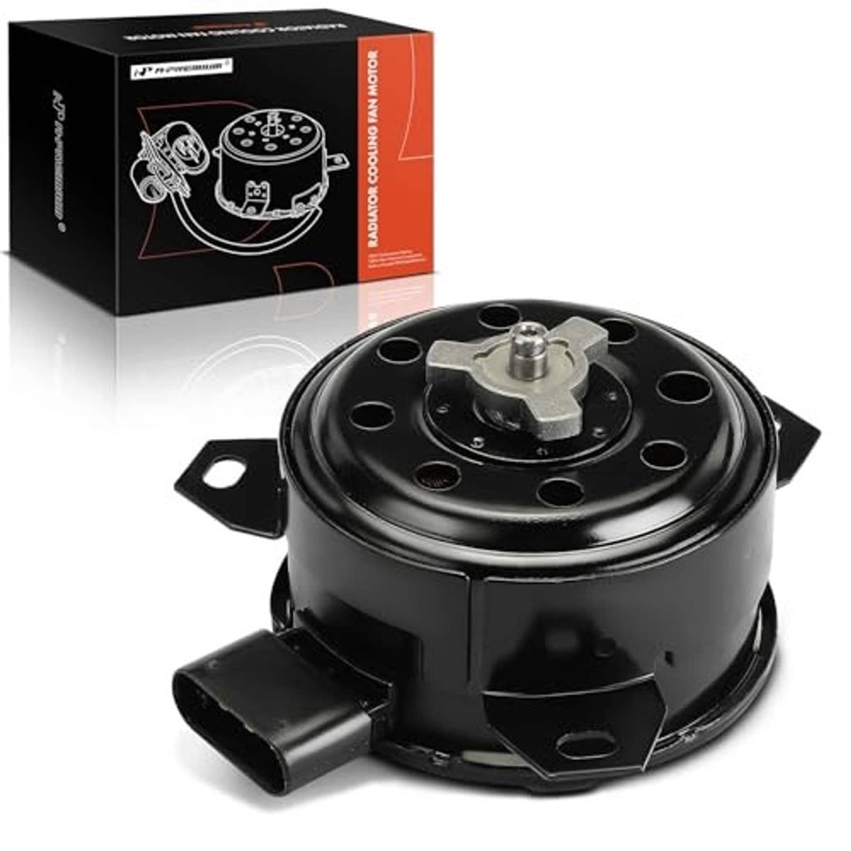Black radiator fan motor with metal shaft, circular base, and side bracket