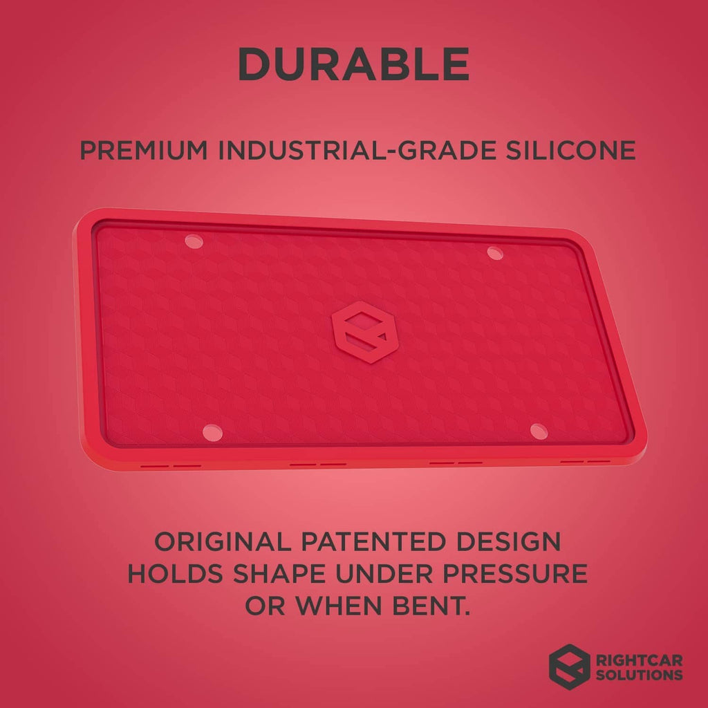 Red silicone license plate frame with textured pattern and center logo