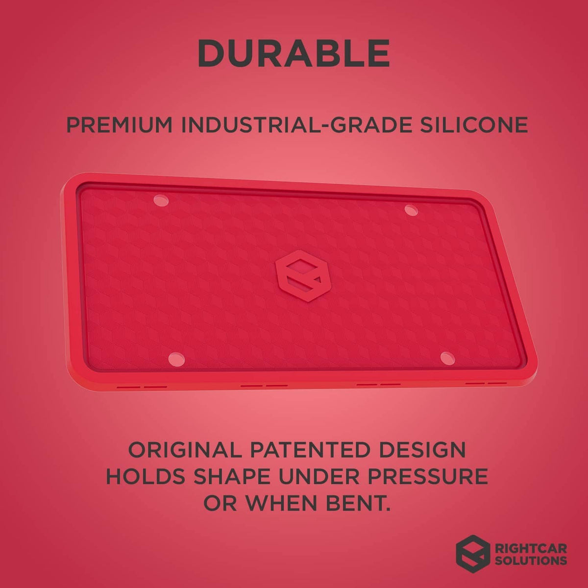 Red silicone license plate frame with textured pattern and center logo