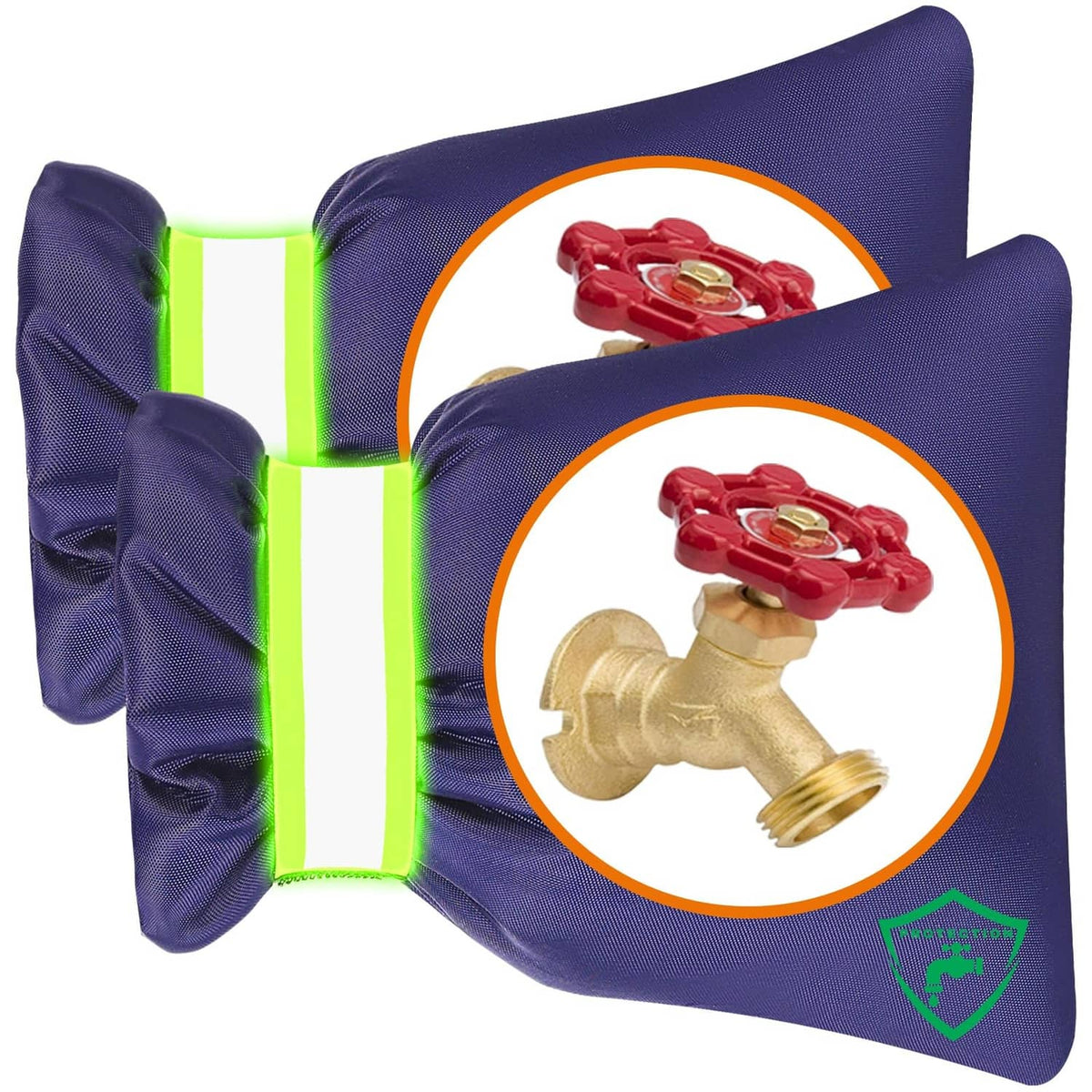 Blue 2-pack outdoor faucet covers with green reflective straps and circular faucet graphic