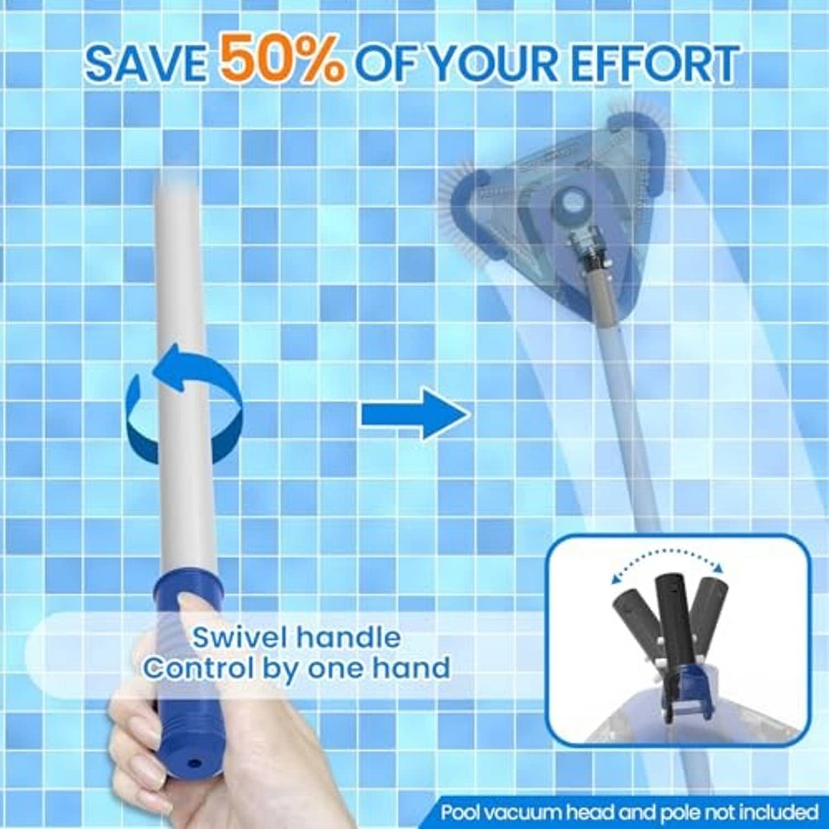 Pool vacuum swivel handle for pole connection with one-hand control, white and black