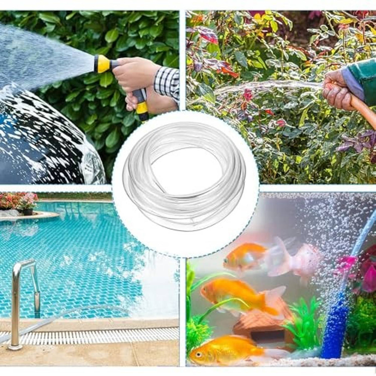 Coiled clear vinyl tubing for pool and aquarium use, transparent flexible hose