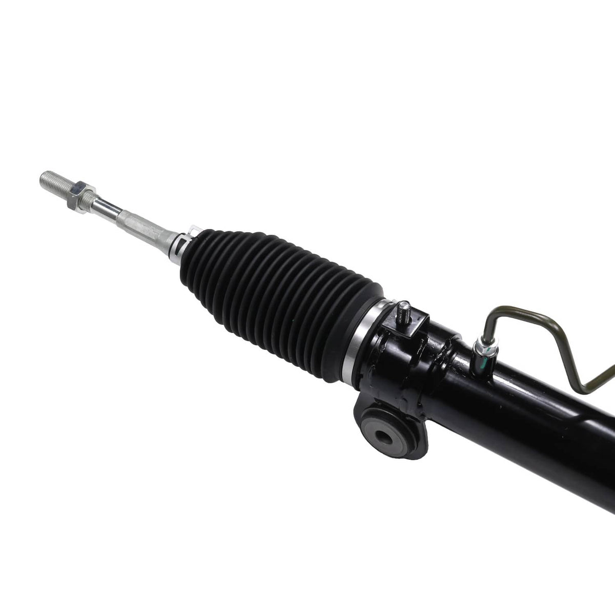Power steering rack and pinion assembly with black ribbed boot and silver rod