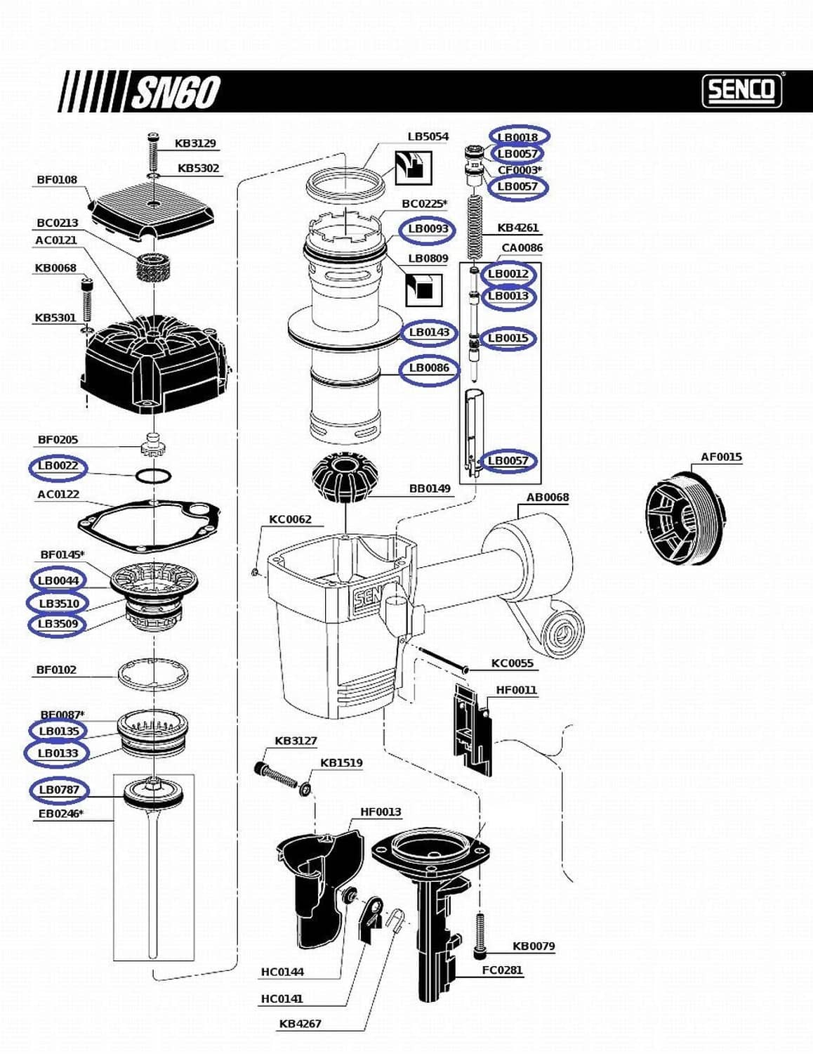 Senco SN60 rebuild kit parts diagram showing o-ring seals, base plate, and cylinder