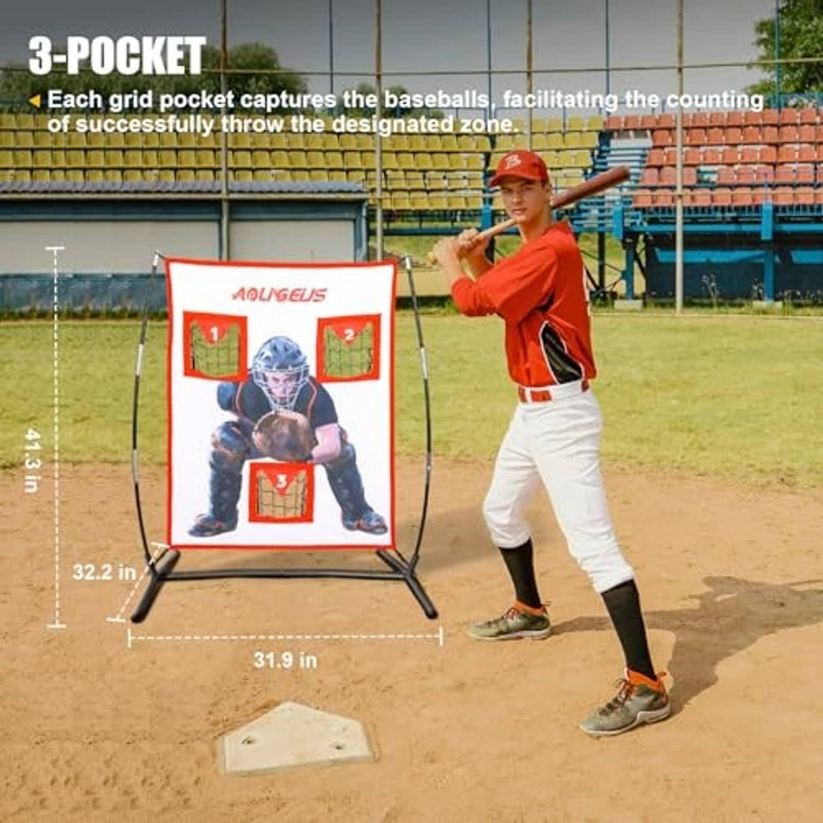 Freestanding baseball pitching target net with three red pocket zones and catcher