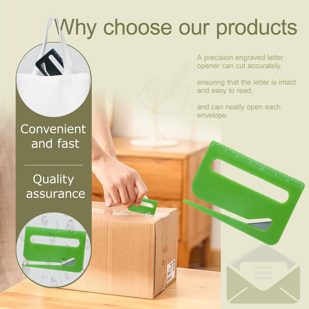 Green envelope letter opener with concealed blade, held in hand