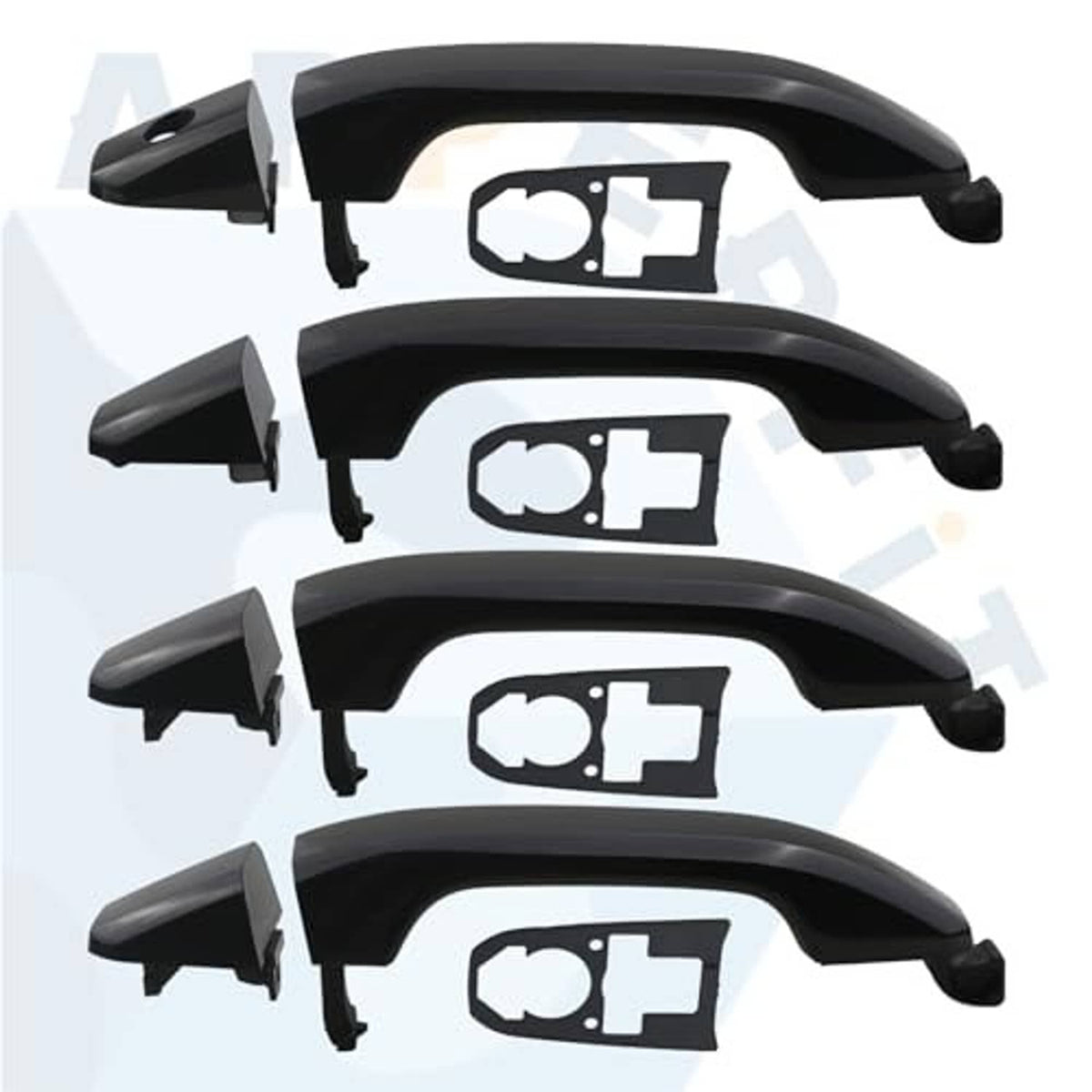 Black exterior door handle set, smooth finish with gaskets, four pieces