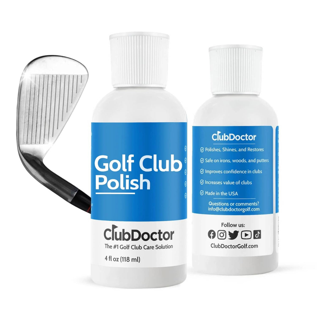 Golf club polish bottles with white caps and blue labels, shown with a club head inset.