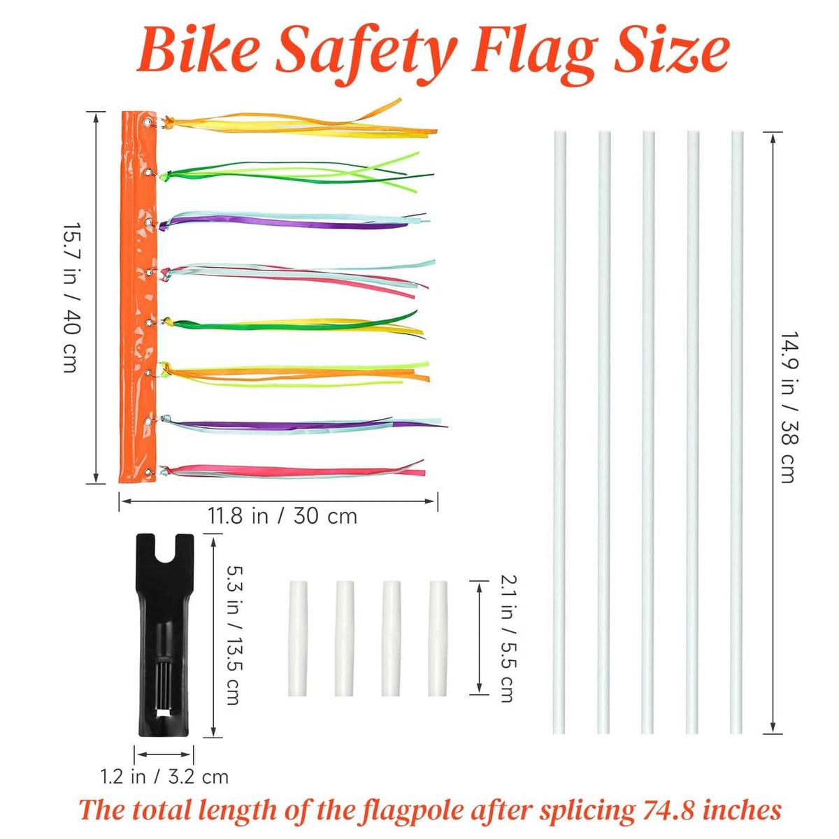 Bike safety flag pole with orange base and multicolor ribbon flag, size diagram