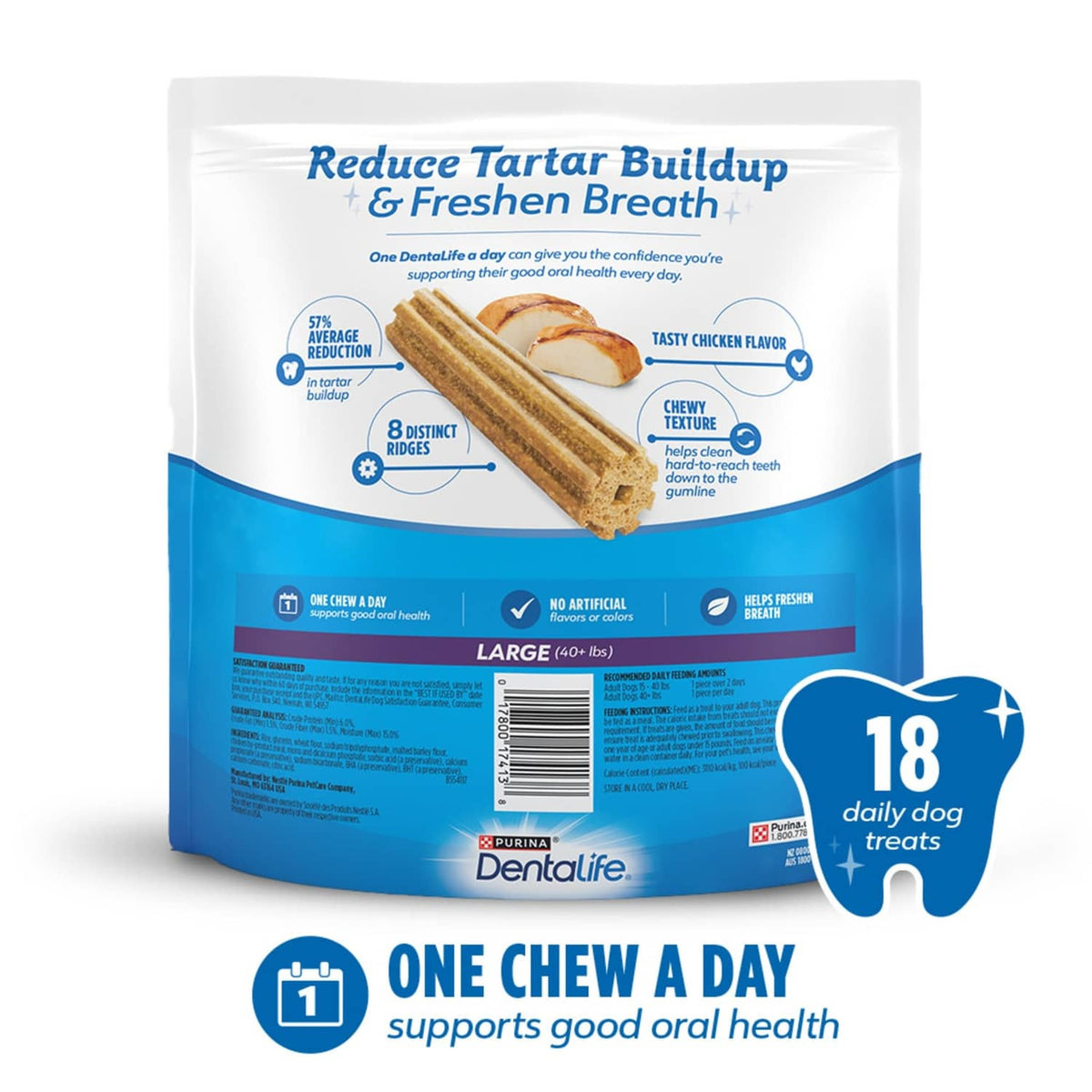 Purina DentaLife large dental chews bag labeled 18 daily treats, with chew sticks